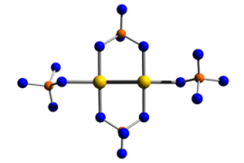 Fig. 1 The [Au2] dumbbell in the structure of Au2(SO4)2. The metal-metal bonded gold atoms have a distance of only 249 pm and are surrounded by two chelating and two monodentate sulfate groups