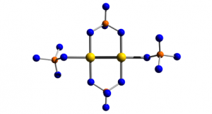 Fig. 1 The [Au2] dumbbell in the structure of Au2(SO4)2. The metal-metal bonded gold atoms have a distance of only 249 pm and are surrounded by two chelating and two monodentate sulfate groups